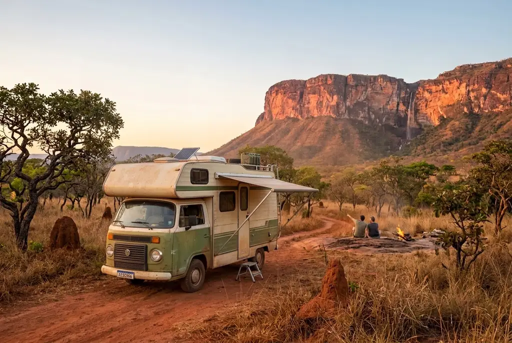 Motorhome montado sobre uma Kombi em uma estrada de terra vermelha no cerrado, com um casal junto a uma fogueira diante de uma chapada de paredões alaranjados e cachoeira