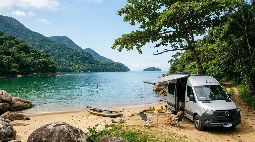 Van campista com toldo aberto à sombra de uma amendoeira, em uma enseada de água verde cercada de Mata Atlântica, com uma canoa caiçara na areia
