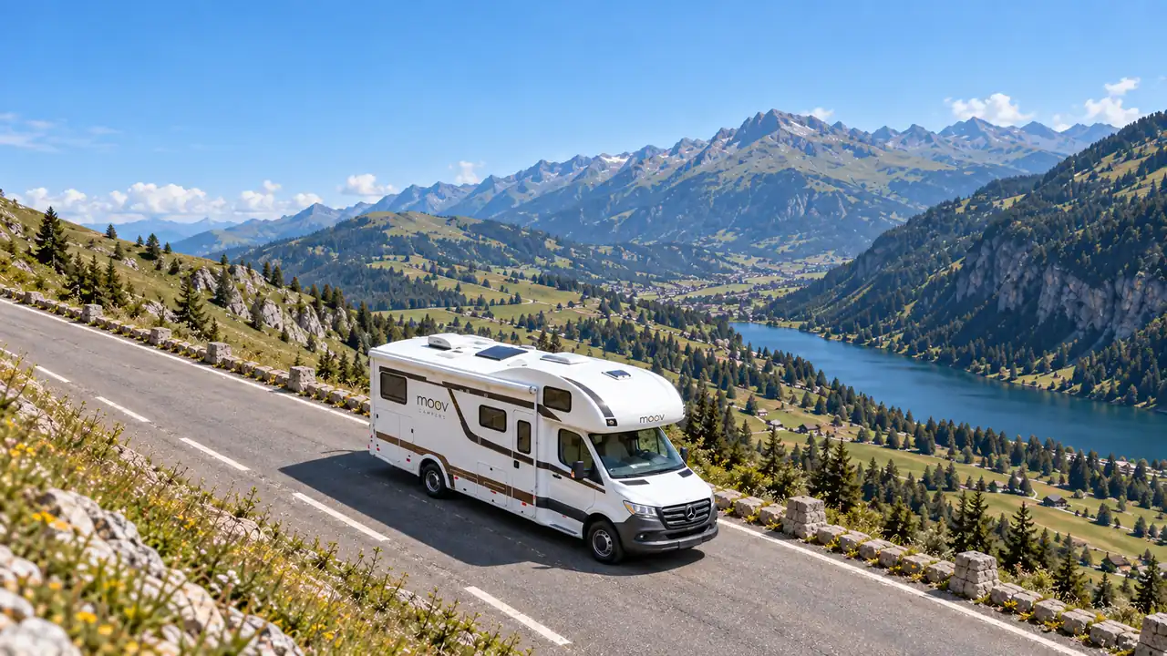 Motorhome da MoovCampers em uma estrada de montanha, com vale verde e lago ao fundo